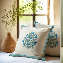 Baarno White & Blue Set of 2 Floral Square Cushion Covers-49
