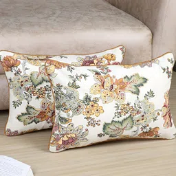 MFD HOME FURNISHING White & Orange 2 Pieces Floral Cotton Rectangle Cushion Covers-picture-24
