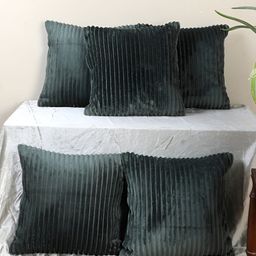 MFD HOME FURNISHING Green 5 Pieces Striped Velvet Square Cushion Covers-image-31