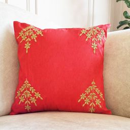 Folkstorys Red & Gold-Toned Embroidered Square Cushion Cover-6