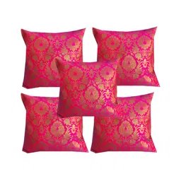 Pink Parrot Pink & Gold-Toned 5 Pcs Ethnic Motifs Square Cushion Covers-image-3