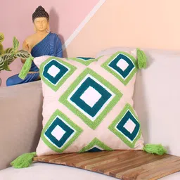 STITCHNEST Peach-Coloured & Green Embroidered Square Cushion Cover-image-21
