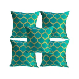 Pink Parrot Green & Gold-Toned Set of 5 Geometric Square Cushion Covers-image-45
