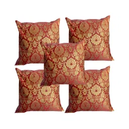 Pink Parrot Maroon & Gold-Toned 5 Pcs Ethnic Motifs Square Cushion Covers-image-48
