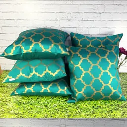 Pink Parrot Teal & Beige 5 Pieces Geometric Jacquard Silk Square Cushion Covers-image-40