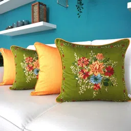 TARA- Sparkling Homes Green & Yellow 4 Pieces Floral Embroidered Square Cushion Covers-image-31