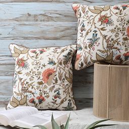 MFD HOME FURNISHING Beige & Orange 2 Pieces Floral Square Cushion Covers-39