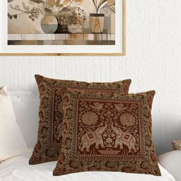 AIVIK Red & Gold-Toned 2Pcs Ethnic Motifs Brocade Square Cushion Covers-image-64