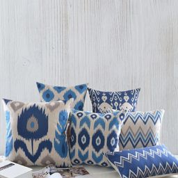 MODERN HOMES Indigo Blue Set Of 6 Abstract Ikat Print Cotton Cushion Covers and Sham set-6