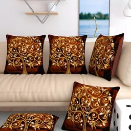 MONKDECOR Brown & Gold-Toned 5 Pcs Floral Velvet Square Cushion Covers-36