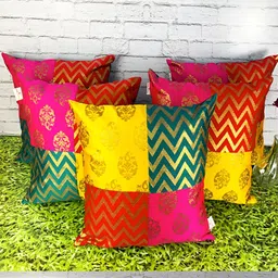 Pink Parrot Pink & Red 5 Pieces Ethnic Motifs Jacquard Silk Square Cushion Covers-30