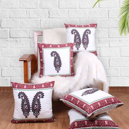 STITCHNEST White & Red 5 Pieces Ethnic Motifs Square Cushion Covers-57
