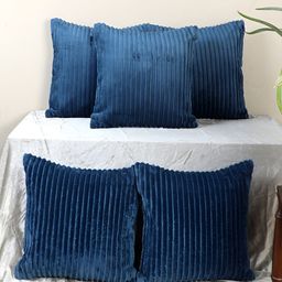 MFD HOME FURNISHING Blue 5 Pieces Striped Velvet Square Cushion Covers-image-12