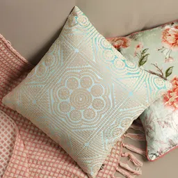 Pure Home and Living Blue & Gold Toned Embroidered Square Cotton Cushion Cover-image-54