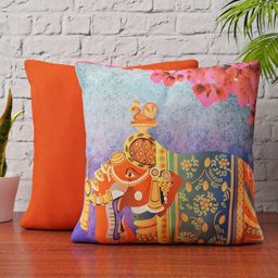 HAPPY HUES Violet & Orange Set of 2 Ethnic Motifs Satin Square Cushion Covers-21