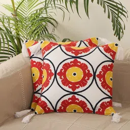Jamio Firati Red & Off-White Ethnic Motifs Cotton Square Cushion Cover-35