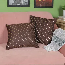 MFD HOME FURNISHING Set of 2 Brown & Gold Striped Square Cushion Covers-21