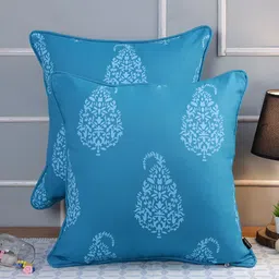 Aura Turquoise Blue & White 2Pcs Ethnic Motifs Cotton Square Cushion Covers-image-78