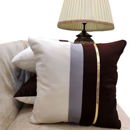 Good Vibes Brown & Beige 3 Pieces Striped Velvet Square Cushion Covers-11