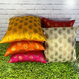 Pink Parrot Yellow & Pink 5 Pieces Ethnic Motifs Jacquard Silk Square Cushion Covers-image-31