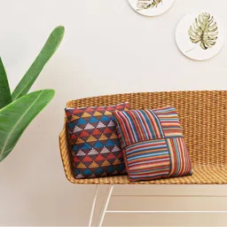 HAPPY HUES Blue & Brown 2 Pieces Geometric Printed Square Cushion Covers-image-11