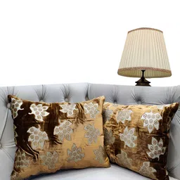 Good Vibes Brown & Silver-Toned 2 Pieces Floral Textured Velvet Rectangle Cushion Covers-54