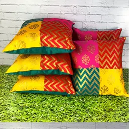 Pink Parrot Pink & Green 5 Pieces Ethnic Motifs Zari Square Cushion Covers-image-96