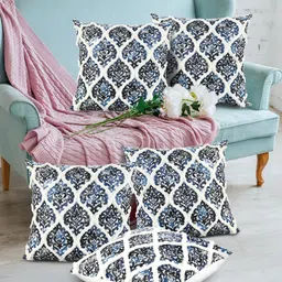 AAZEEM Blue & White Set of 5 Printed Square Cushion Covers-22