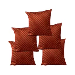Pink Parrot Brown & Gold-Toned 5 Pieces Ethnic Motifs Square Cushion Covers-image-90