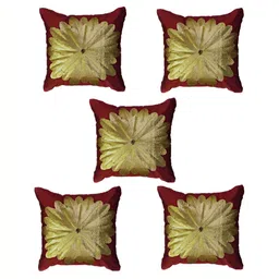 MONKDECOR Maroon & Gold-Toned 5 Pieces Floral Embellished Silk Square Cushion Covers-image-53