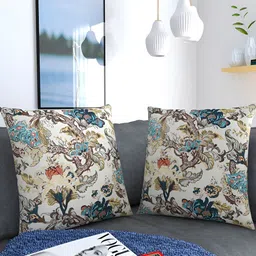 MONKDECOR Beige & Blue 2 Pieces Floral Square Cushion Covers-30