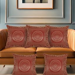 AIVIK Red & Gold-Toned 5Pieces Ethnic Motifs Brocade Square Cushion Covers-image-63