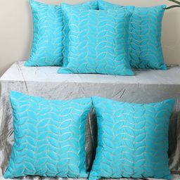 MFD HOME FURNISHING Turquoise Blue & Gold-Toned 5 Pieces Floral Square Cushion Covers-44