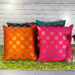 Pink Parrot Blue & Red 5 Pieces Floral Zari Square Cushion Covers-image-63