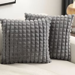 MONKDECOR Grey 2 Pieces Checked Velvet Square Cushion Covers-10