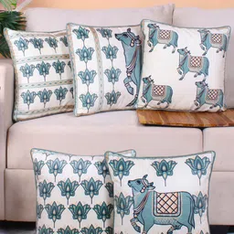 STITCHNEST Green & White 5 Pieces Ethnic Motifs Velvet Square Cushion Covers-image-43