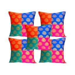 Pink Parrot Blue & Green 5 Pieces Ethnic Motifs Square Cushion Covers-6