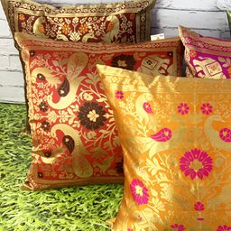 Pink Parrot Red & Mustard 5 Pcs Ethnic Motifs Square Cushion Covers-38