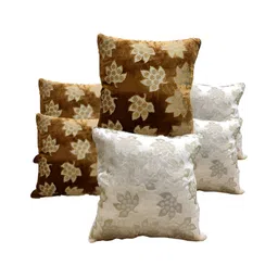 Good Vibes Cream & Brown 6 Pieces Floral Velvet Square Cushion Covers-9