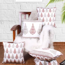 STITCHNEST White & Brown 5 Pieces Ethnic Motifs Square Cushion Covers-38