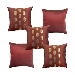 HOME9INE Burgundy & Gold-Toned 5 Pieces Geometric Embellished Square Cushion Covers-image-86