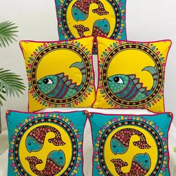 STITCHNEST Blue & Yellow Set of 5 Ethnic Motifs Velvet Square Cushion Covers-23