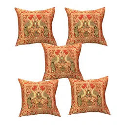 Pink Parrot Red & Gold-Toned 5 Pieces Ethnic Motifs Zari Square Cushion Covers-image-65