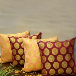 RoyalDeco Burgundy & Coral 4 Pieces Ethnic Motifs Borcade Square Cushion Covers-picture-47