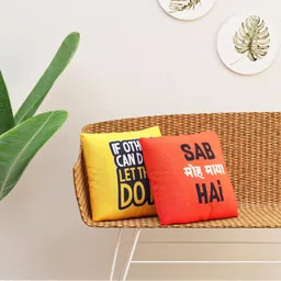 HAPPY HUES Yellow & Black 2 Pieces Typography Printed Square Cushion Covers-3