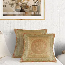 AIVIK Beige & Gold-Toned 2Pcs Ethnic Motifs Brocade  Square Cushion Covers-picture-20