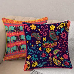 STITCHNEST Blue & Yellow Set of 2 Ethnic Motifs Velvet Square Cushion Covers-52