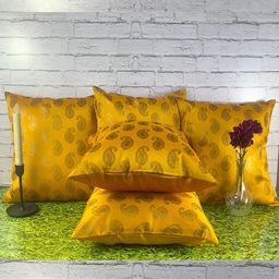 Pink Parrot Yellow & Beige 5 Pieces Paisley Jacquard Silk Square Cushion Covers-image-43