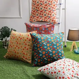 ROMEE Red & Yellow Set of 5 Floral Velvet Square Cushion Covers-6