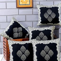Nendle Black & White 5 Pieces Floral Printed Cotton Square Cushion Covers-image-31